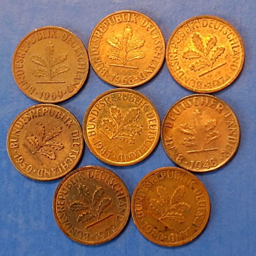 Coins 8 used 1 pfennig Germany 1948-1985