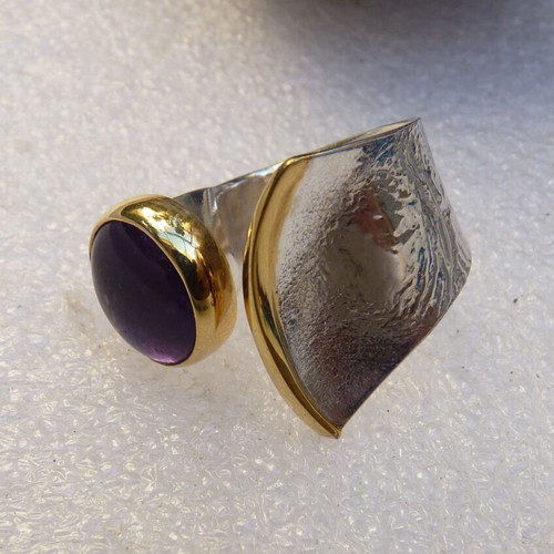925 Silver Ring with Amethyst, Handmade, 24kt Gold Plated