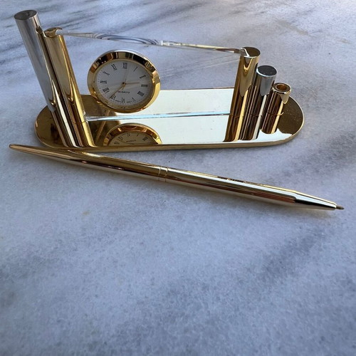 Vintage Executive Desk Clock Set with Pen Holder, Quartz, Gold Design