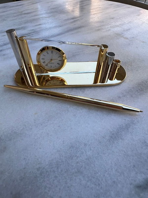 Vintage Executive Desk Clock Set with Pen Holder, Quartz, Gold Design