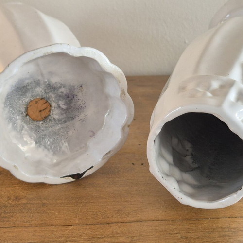 Art Deco White Enameled Cast Iron Cemetery Vases, Pair