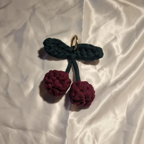 Cherry crochet keychain new, red and green colors