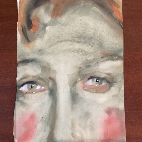 Male Face with Green Eyes Acrylic Painting Used on Cardboard