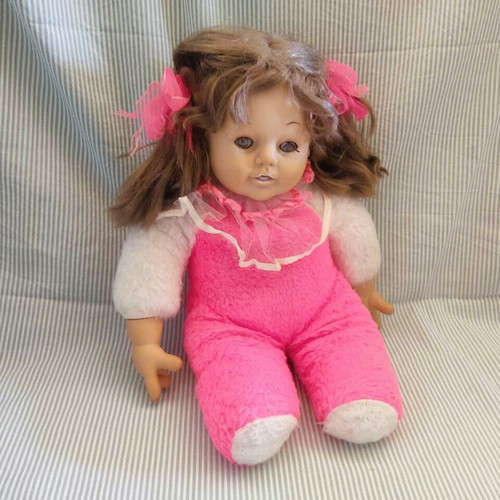 Vintage large collectible doll used, 40 cm, pink-fuchsia