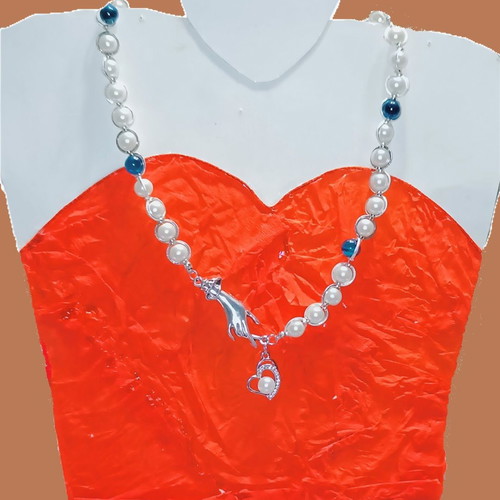Handmade necklace with white pearls, blue tiger eye and metal elements new