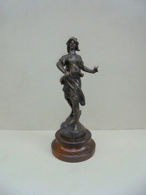Metal Patinated Girl Statue French With Wooden Base