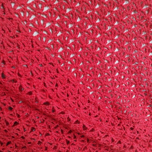 Red merino and silk crochet shawl with sequins