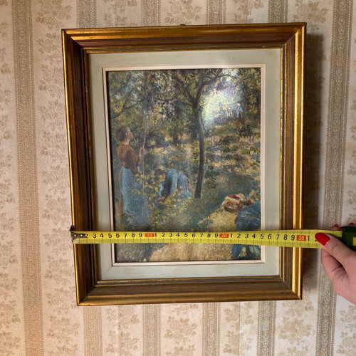 Picking Apples painting in gold frame like new
