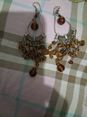 Vintage Boho Silver Earrings with Amber Beads like new, ethnic style