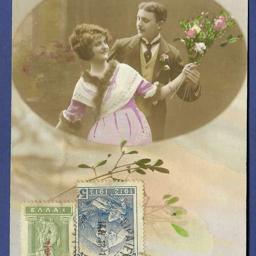 Postcard 1913 vintage romantic couple with flowers used