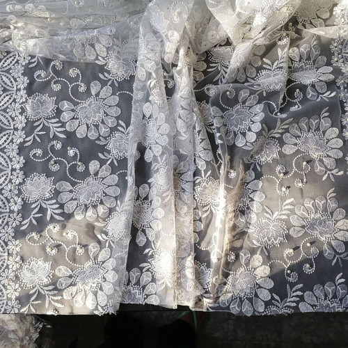 White guipure fabric 130/455 cm new with pearls and border