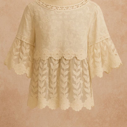 Ecru lace blouse new with embroidered flowers, size Large