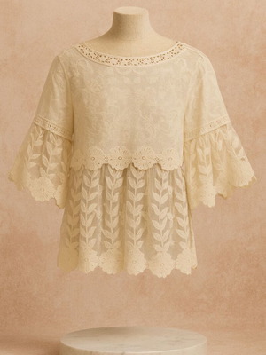 Ecru lace blouse new with embroidered flowers, size Large