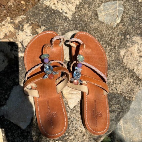Christina Fragista handmade sandals with Swarovski crystals like new, brown