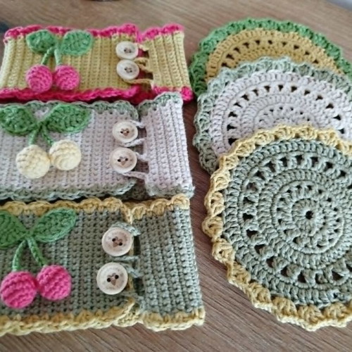 Handmade mug set with cotton yarn cozy and coaster