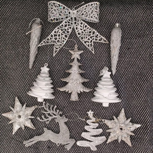 Silver Christmas ornaments like new, set with balls, bells and apples