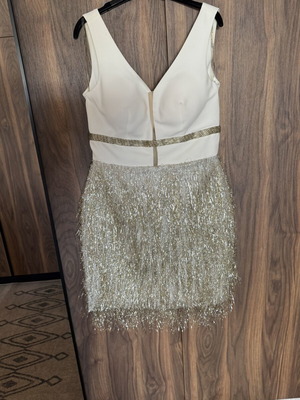 ZIZEL Ivory and Gold Metallic Fringe Mini Dress, Size L