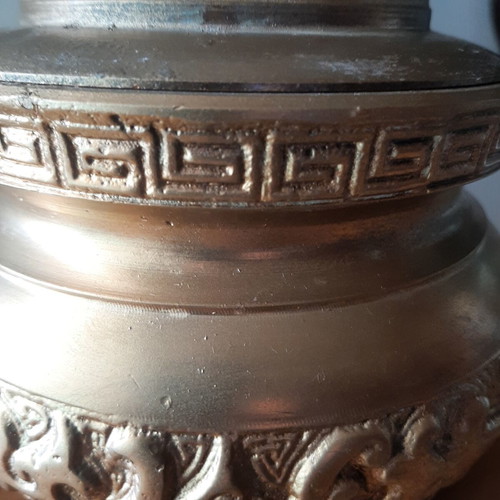 Vintage metal vessel with wooden base used, decorative aroma container