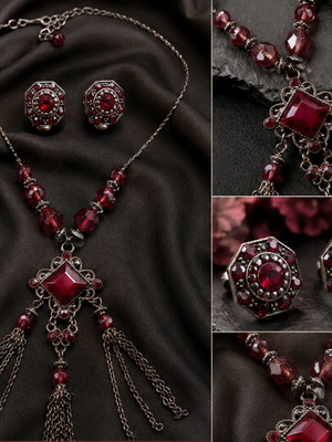 Vintage σετ κοσμήματα ruby burgundy με κρύσταλλα σαν καινούργιο