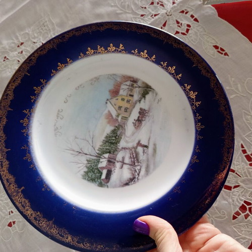 Limoges France collectible plate used with winter landscape and 22K gold