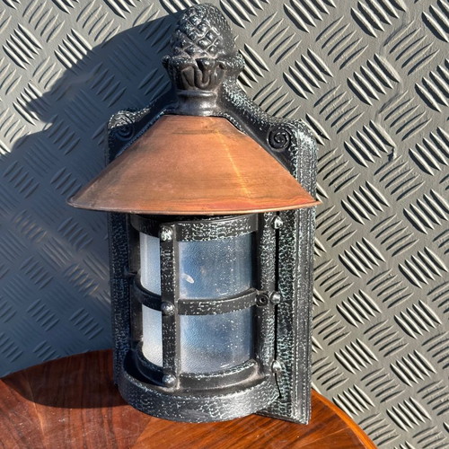 Old metal outdoor lantern used, functional