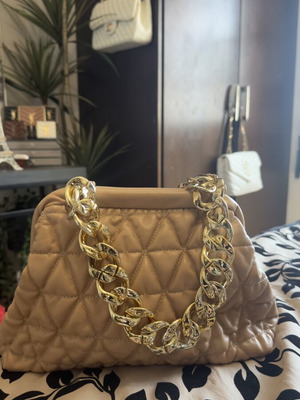 Leather handheld bag new, beige with gold details