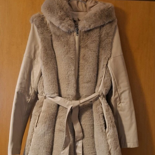 Women's Jacket with Faux Fur and Leatherette Sleeves, Like New, Beige