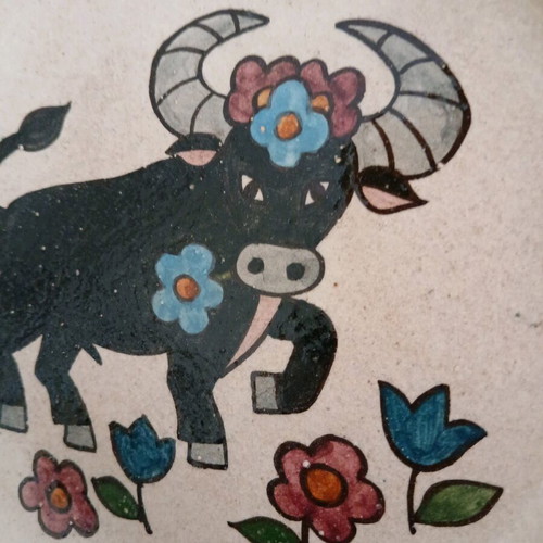 Vintage handmade ceramic plate Taurus zodiac