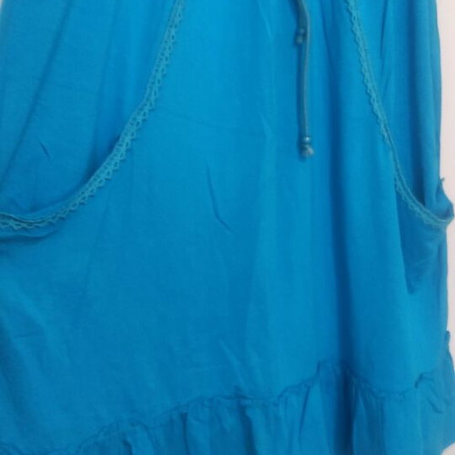 Beach dress blue S/M like new, strapless with pockets and ruffles