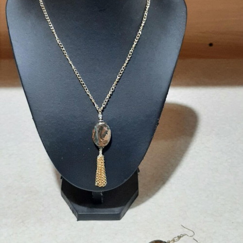 Necklace and earrings set with rutilated quartz in steel, length 80 cm, new