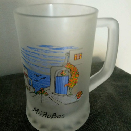 Beer glasses like new, set of 2, frosted glass, souvenir from Molyvos