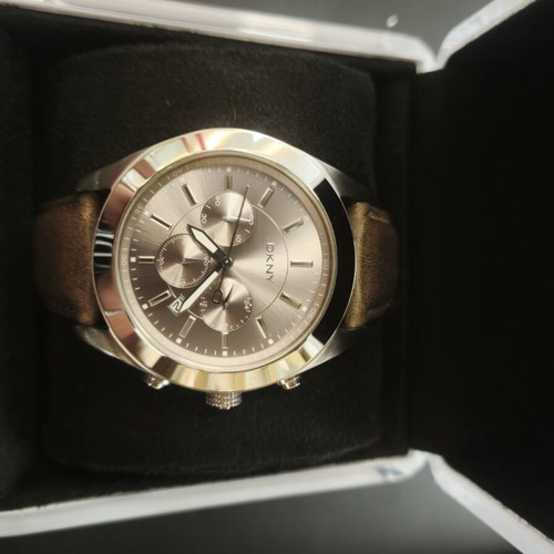 DKNY Chronograph Watch NY1510 with Brown Sunburst Dial and Leather Strap