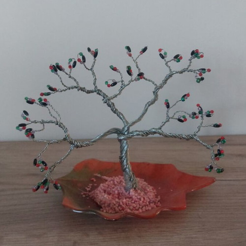 Decorative tree with wire and beads on orange leaf base new