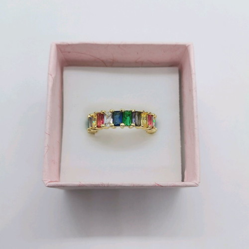 Gold-plated ring with multicolored baguette stones, new, size 8