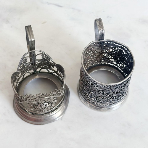 Soviet Silver-Plated Filigree Tea Glass Holders Pair Used