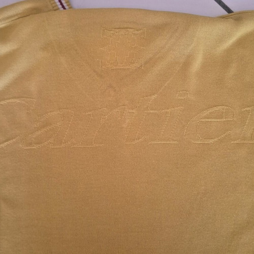 Vintage Cartier blouse used, light mustard with burgundy neck, cotton silk
