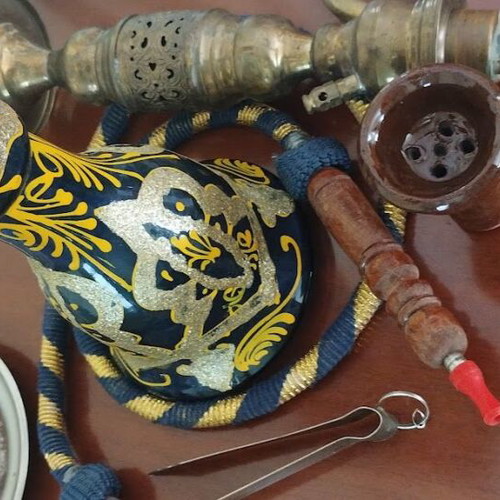 Hookah used 60cm with glass base, brass and wood