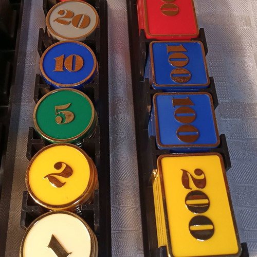 Poker chips used, 3 sets, 250 pieces with embossed numbering