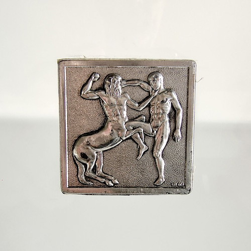 Set of 2 stands with 2 silver Parthenon sculpture depictions