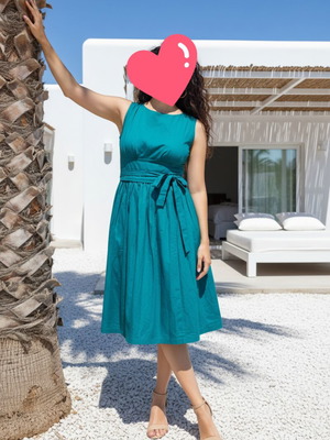Retro style elegant midi dress 100% cotton like new, size S, blue and green