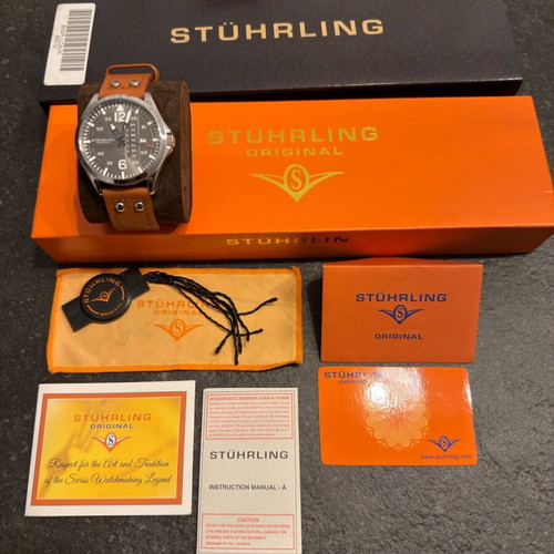 Stuhrling 3916 Aviator Day Date 41mm new, brown and silver