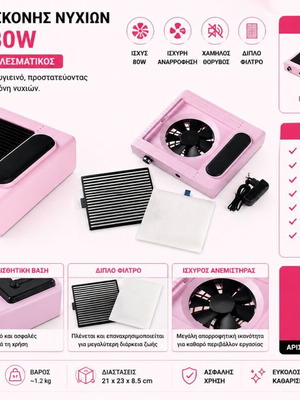 Απορροφητήρας σκόνης νυχιών 80W 858-8 Pink καινούργιος με διπλό φίλτρο