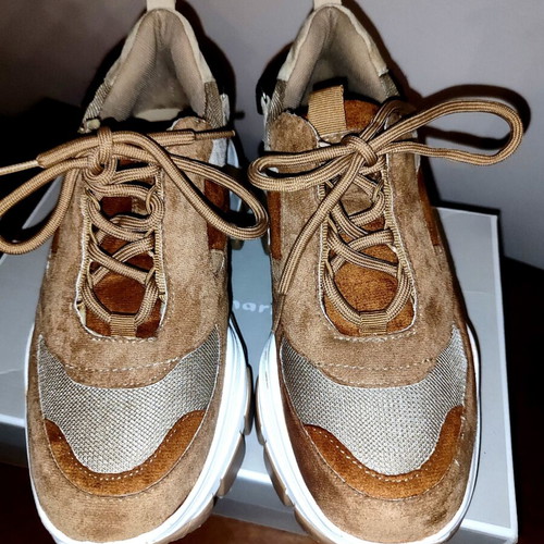 Chunky sneakers like new, beige and brown fabric suede