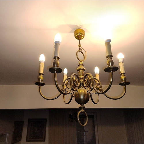 Bronze ceiling light chandelier used, 6 bulbs, neoclassical style