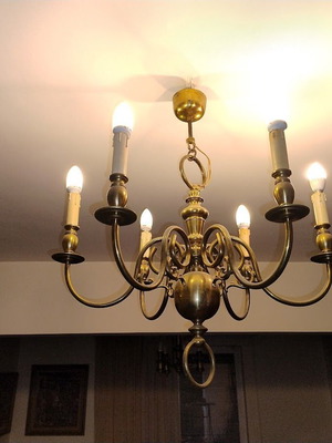 Bronze ceiling light chandelier used, 6 bulbs, neoclassical style