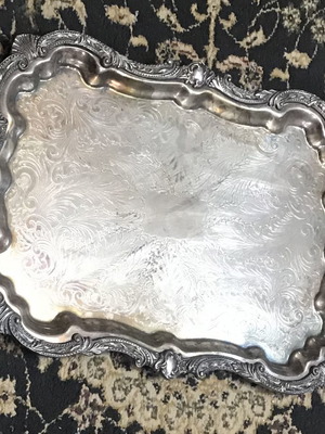 Δίσκος κράμα ασημιού μεταχειρισμένος vintage 65x36 cm με σκάλισμα