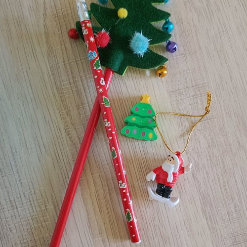 Christmas items new, set with pencils, eraser and ornament