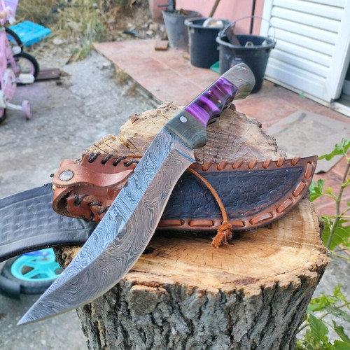 Handmade kukri style hunting knife Damascus steel with leather sheath