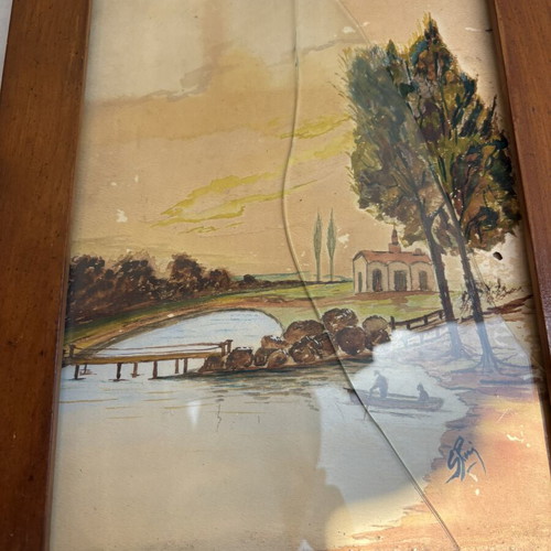 Vintage painting with wooden frame used, landscape with lake and boat