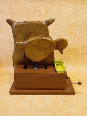 Handmade kinetic art automaton toy used, wooden bird with movement